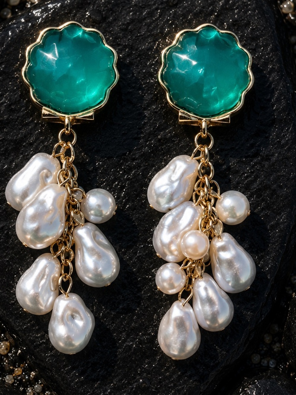 Emerald green stone pearl drop earrings
